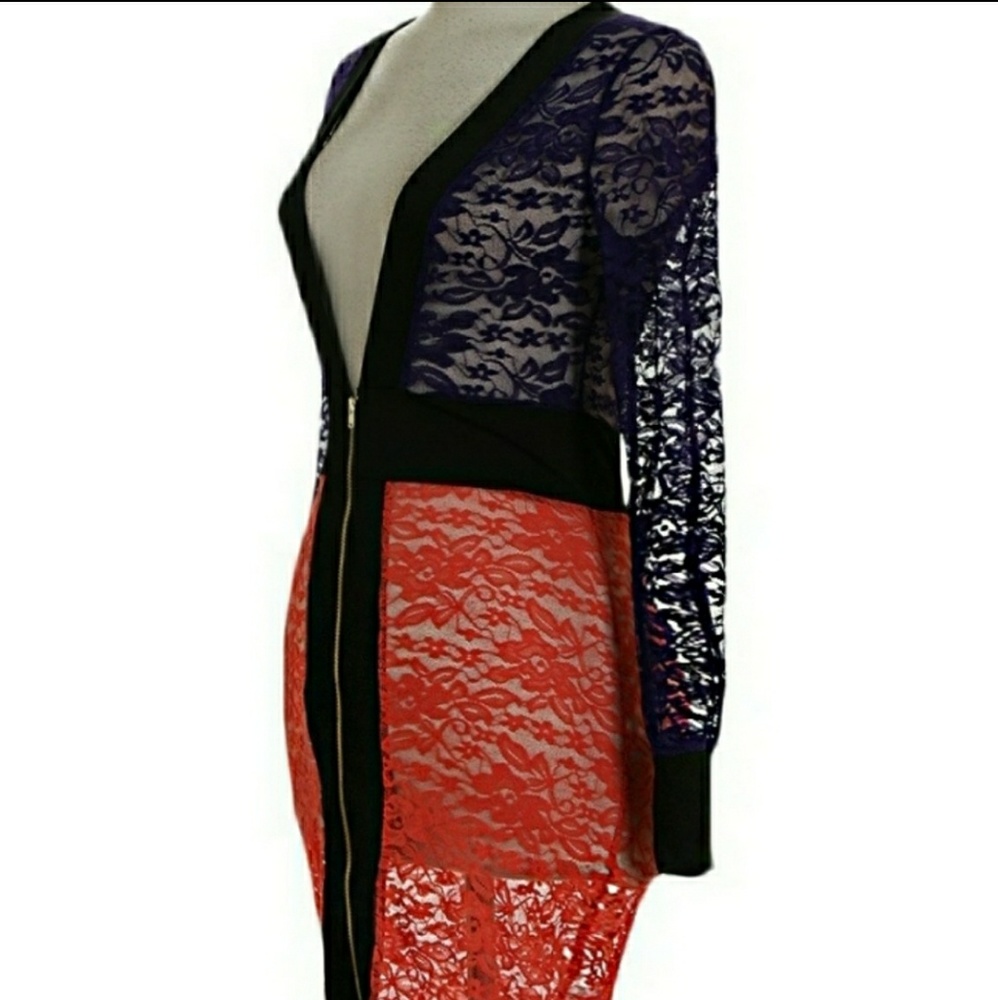 Long Sleeve Mesh Purple/Orange Color Block Dress - Picture 5 of 6